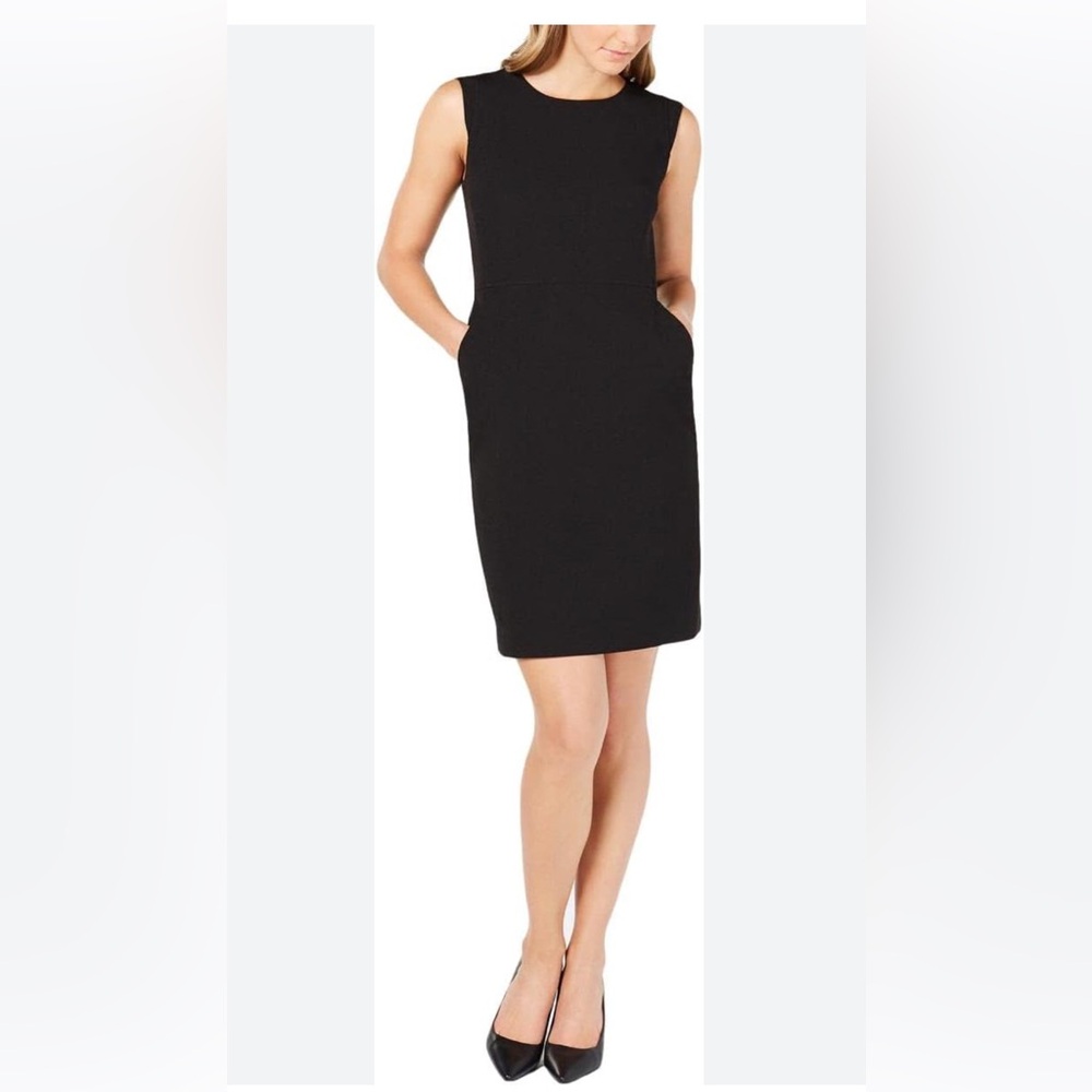 Anne Klein Black Midi Dress 2 Pockets!! size 8 cap sleeve back zip